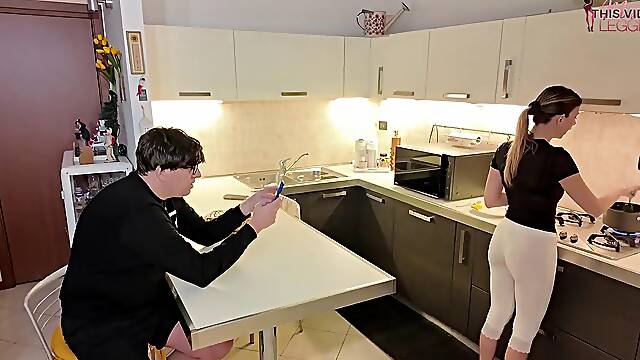Stepmom Cooks in White Leggings and Catches Stepsons Friend Secretly Taking Pics of Her