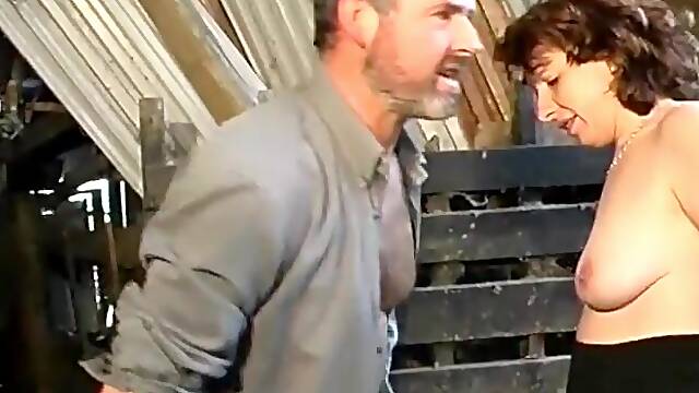 Wild French lady gets her throat filled on a farm