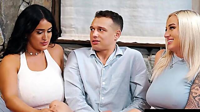 ADULT TIME - Breasty MILFs Elana Bunnz & Nia Bleu Catch Stepson! Give Him A Raw Birthday Trio