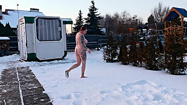 Femdom. Two Busty Women Piss Naked in the Snow, Then Make a Naked Guy Eat and Lick the Yellow Snow.