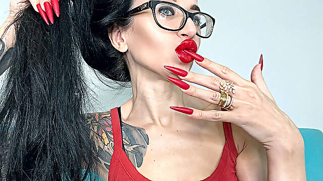 Red Matte Color Long Nails, Claws, Long Flexible Fingers Wide Palms, Skin Scratching, Red Lipstick