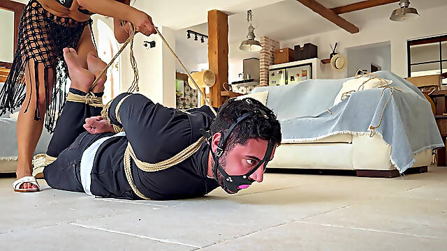 Latina Finds Every Tickling Spot on Her Sub While He Is in a Strict Hogtie